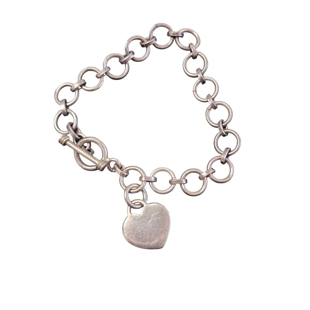 Vintage Mexican Sterling Silver Heart Charm Toggle Bar Bracelet